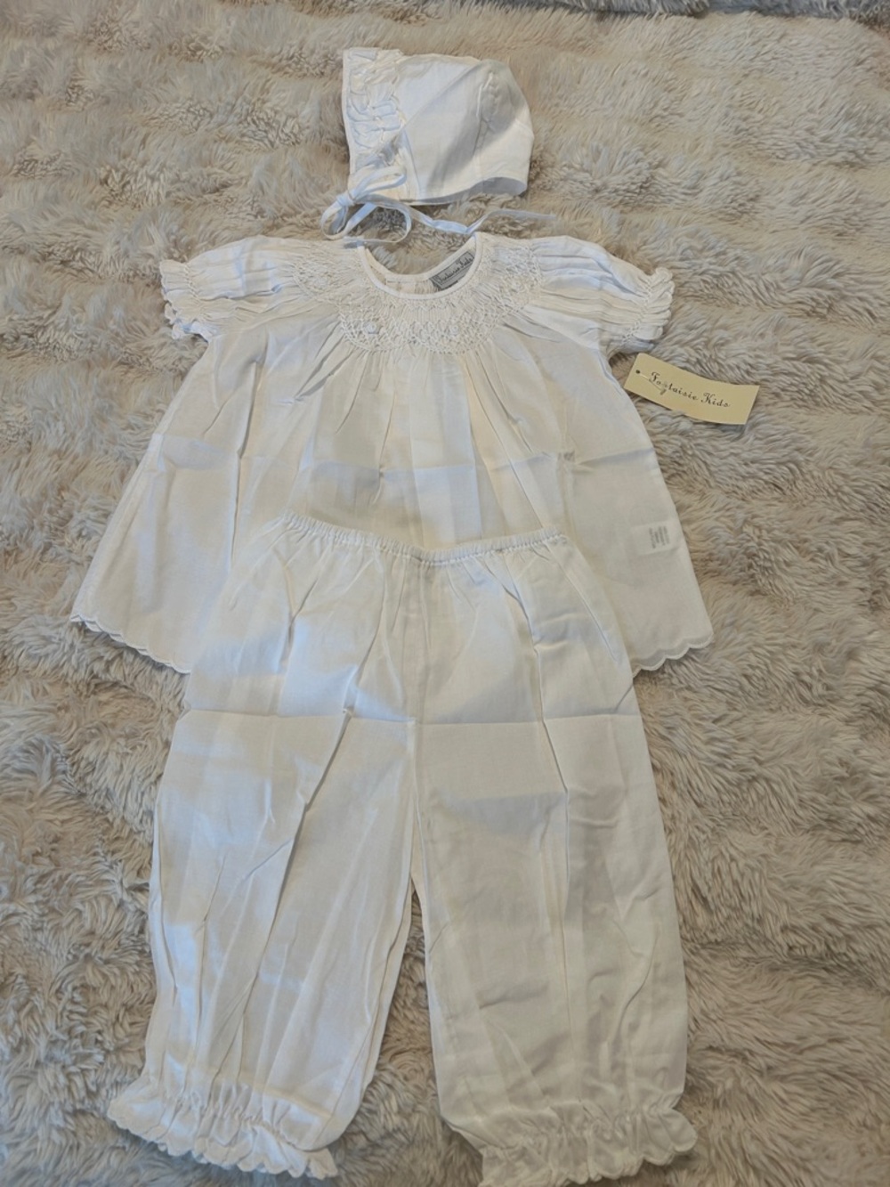 Fantasie White Smocked Infant Dress and Bonnet Set